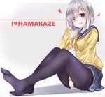  :d between_legs black_legwear blue_eyes cardigan character_name error eyes_visible_through_hair grey_skirt hair_ornament hair_over_one_eye hairclip hamakaze_(kantai_collection) hand_between_legs highres kantai_collection looking_at_viewer neckerchief neku_(neku_draw) no_shoes open_mouth orange_neckwear pantyhose pleated_skirt red_string sailor_collar school_uniform serafuku silver_hair sitting skirt smile solo string wrong_feet 