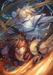 back-to-back blonde_hair blue_eyes brown_hair capelet electricity fire forehead_protector gears guilty_gear guilty_gear_xrd highres ky_kiske long_hair male_focus mkd78236 multiple_boys muscle ponytail sol_badguy 