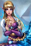  blonde_hair blue_eyes breasts cleavage david_rios harp instrument looking_at_viewer nintendo pointy_ears princess_zelda solo the_legend_of_zelda the_legend_of_zelda:_skyward_sword 