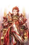  2016 armor armored_boots blurry boots crossed_legs crown crown_removed dated depth_of_field dr. gloves glowing granblue_fantasy hair_slicked_back looking_at_viewer male_focus outstretched_hand palms pants pauldrons percival_(granblue_fantasy) red red_eyes red_hair signature sitting solo throne vambraces 