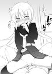  1girl bar_censor binsen blush censored clothed_sex cowgirl_position greyscale hetero kantai_collection long_hair long_sleeves monochrome necktie penis satsuki_(kantai_collection) sex skirt skirt_lift straddling tears translation_request vaginal 