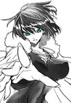  breasts commentary_request covered_nipples foreshortening fubuki_(one-punch_man) fur_coat green_eyes greyscale jewelry jin_(mugenjin) large_breasts looking_at_viewer monochrome navel necklace one-punch_man open_clothes short_hair solo spot_color 
