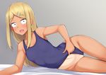  alfort_(may0508) arm_support ass_visible_through_thighs blonde_hair blush breasts dagashi_kashi earrings endou_saya fang hair_ornament hairclip jewelry long_hair looking_at_viewer lying on_side one-piece_swimsuit open_mouth partially_visible_vulva school_swimsuit small_breasts solo swimsuit swimsuit_pull tan thigh_gap 