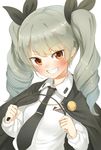  anchovy anzio_school_uniform brown_eyes cape drill_hair girls_und_panzer grin hair_ribbon long_hair long_sleeves looking_at_viewer necktie nishiuri ribbon riding_crop school_uniform shirt silver_hair smile solo twin_drills twintails upper_body 