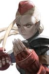  aqua_eyes blonde_hair braid cammy_white garrison_cap gloves hat kyoung_hwan_kim long_hair looking_at_viewer scar simple_background skin_tight solo stance street_fighter twin_braids white_background 