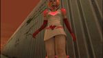  1girl 3d belt blonde_hair boots breasts brown_eyes choker cleavage costume face female gloves hack headphones heart heather_mason legs outdoors panties princess_heart short_hair silent_hill silent_hill_3 skirt sky solo underwear upskirt wall 