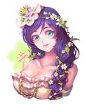  aqua_eyes braid breasts chain character_name cleavage collarbone crown dress flower hair_flower hair_ornament hair_over_shoulder hair_vines halftone large_breasts love_live! love_live!_school_idol_project mini_crown mu_kougai purple_hair red_lips solo strapless strapless_dress toujou_nozomi upper_body 