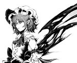  absurdres bat_wings bow from_side greyscale hat hat_bow hat_ribbon highres looking_at_viewer mob_cap monochrome open_mouth pale_skin pointy_ears puffy_short_sleeves puffy_sleeves remilia_scarlet ribbon short_sleeves simple_background solo touhou upper_body white_background wings yutapon 