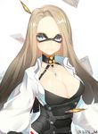  allos bad_id bad_pixiv_id blonde_hair blue_eyes breasts card cleavage closers collarbone collared_shirt corset harpy_(closers) large_breasts light_smile long_hair long_sleeves looking_at_viewer shirt simple_background solo twitter_username upper_body white_background white_shirt 