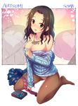  aran_sweater black_hair box breasts character_name cleavage clothes_pull gift gift_box green_eyes idolmaster idolmaster_cinderella_girls kara_(color) long_hair medium_breasts no_shoes panties panties_under_pantyhose pantyhose solo souma_natsumi sweater sweater_pull underwear valentine 