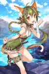  animal_ears arm_garter arm_strap bandages boots braid breasts cat_ears cat_tail chain_chronicle cloud collar day fang floating_hair green_footwear green_hair leg_lift lince_(chain_chronicle) long_hair looking_at_viewer nardack ocean official_art open_mouth orange_eyes outdoors single_garter small_breasts solo tail thigh_strap water 