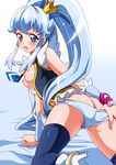  :o absurdres bad_id bad_pixiv_id bed_sheet black_legwear blue_bow blue_eyes blue_hair blue_panties blush bow breasts breasts_outside butt_crack crown cure_princess hair_bow happinesscharge_precure! highres kneeling light_blue_hair long_hair looking_back magical_girl medium_breasts mini_crown nipples panties panty_pull precure sharumon shiny shiny_skin shirayuki_hime shoes sidelocks solo thighhighs twintails underwear white_footwear wrist_cuffs 