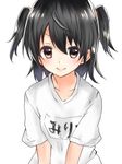  akagi_miria black_hair brown_eyes gym_shirt idolmaster idolmaster_cinderella_girls name_tag nazuna_stella shirt short_hair smile solo twintails 