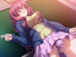  1girl ahoge akino_shin anedori_-ochiteiku_onee-chan_wo_tasukerarenai_boku- appetite blush clenched_teeth female game_cg grey_eyes long_hair long_sleeves panties pink_hair purple_panties purple_skirt shirakawa_orie skirt solo sweat teeth underwear vibrator vibrator_harness wet 