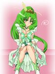  bike_shorts bow brooch choker cure_march dress green green_choker green_dress green_eyes green_hair green_shorts highres jewelry light_smile long_hair looking_at_viewer magical_girl midorikawa_nao pink_background ponytail precure princess_form_(smile_precure!) shoes shorts shorts_under_skirt sitting smile_precure! solo striped striped_bow tamo_(nama-yatsuhashi) tiara wrist_cuffs 