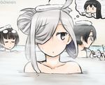  3girls ahoge asashimo_(kantai_collection) bathhouse bathing black_hair choukai_(kantai_collection) closed_eyes commentary dated eyewear_on_head eyewear_removed glasses hair_over_one_eye hamu_koutarou holding holding_eyewear imagining kantai_collection long_hair looking_to_the_side multiple_girls nude ooyodo_(kantai_collection) opaque_glasses partially_submerged silver_hair simple_background steam towel towel_on_head 