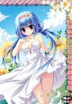  absurdres ass_visible_through_thighs bare_shoulders blue_hair blue_sky blush cloud copyright_request day dress dress_lift dutch_angle flower hair_flower hair_ornament hairband hand_on_own_chest highres long_hair low_twintails no_panties purple_eyes scan shiramori_yuse sky smile solo sparkle sundress sunflower thigh_gap twintails white_dress 
