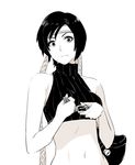  belt black_hair chest_belt cinching_belt commentary_request crop_top final_fantasy final_fantasy_vii headband highres hips looking_at_viewer midriff monochrome navel poaro ribbed_shirt shirt short_hair simple_background solo spot_color tank_top turtleneck white_background yuffie_kisaragi 