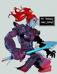  1girl angry armor blue_skin english pigeon666 ponytail red_hair sharp_teeth solo spear sweat teeth text undertale undyne upper_body veins 