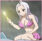  1girl bikini blue_eyes blush bra breasts cloud fairy_tail hair_ornament key kneeling legs light long_hair mirajane_strauss pink_bikini ribbon smile storm swimsuit underwear white_hair 