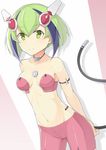  android bike_shorts blush breasts bridgeless_bra dimension_w green_eyes green_hair headgear highres looking_at_viewer multicolored_hair mzrz navel pink_shorts short_hair shorts small_breasts smile solo stomach tail two-tone_hair yurizaki_mira 