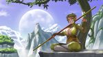  breasts brown_eyes brown_hair cleavage cloud commentary crossed_legs day genderswap genderswap_(mtf) grin highres huge_breasts journey_to_the_west looking_at_viewer lvl_(sentrythe2310) monkey_girl monkey_tail moon mountain original outdoors polearm short_hair smile solo sun_wukong tail tree under_tree weapon 