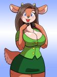  2016 anthro big_breasts blue_eyes breasts brown_hair business_suit cervid cleavage clothed clothing female hair horn long_hair looking_at_viewer mammal open_mouth prinnydood simple_background skirt smile solo suit 