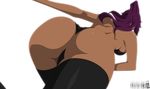  1girl absurdres ass back bleach breasts dark_skin highres leotard ponytail purple_hair shihouin_yoruichi simple_background solo stiky_finkaz 