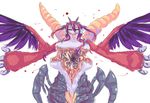  black_sclera breasts dunceneygak extra_ears extra_eyes extra_legs feathered_wings feathers horns insect_girl large_breasts monster_girl nipples open_chest red_hair spread_arms tail wings yellow_eyes 