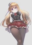  blonde_hair breasts brown_legwear european_clothes from_below fuyouchu hat italian_clothes kantai_collection large_breasts long_hair looking_at_viewer mini_hat miniskirt panties panties_under_pantyhose pantyhose purple_eyes skirt solo underwear zara_(kantai_collection) 