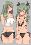  alternate_hairstyle anchovy ass bad_id bad_pixiv_id bikini black_bikini black_ribbon breasts brown_eyes camisole character_sheet cleavage commentary cowboy_shot cropped_legs drill_hair from_side girls_und_panzer green_hair grey_background hair_down hair_ribbon hands_together highres long_hair medium_breasts multiple_views navel ribbon side-tie_bikini sketch standing suto_(iamsuto) swimsuit twin_drills twintails upper_body 