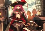  2girls bad_id bad_pixiv_id blonde_hair cape elbow_gloves frills garter_straps gloves hat houjou_sophie leona_west long_hair midorikaze_fuwari midriff mole mole_under_eye multiple_girls otoko_no_ko pink_hair pirate_costume pirate_hat pretty_(series) pripara red_eyes rigging ru-wichi short_hair thighhighs 