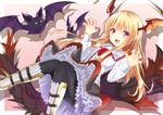  :d bat black_legwear blonde_hair claw_pose fang granblue_fantasy head_wings highres long_hair looking_at_viewer md5_mismatch mirea open_mouth pantyhose pointy_ears red_eyes shingeki_no_bahamut smile solo tail vampire vampy 