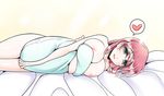  breasts cleavage commentary final_fantasy final_fantasy_v green_eyes heart hug large_breasts lenna_charlotte_tycoon looking_at_viewer lying mabo-udon nipples nude on_bed on_side open_mouth pillow pillow_hug pink_hair smile solo spoken_heart 