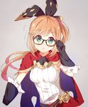  :o adjusting_eyewear aqua_eyes belt blush brown_hair cape clarisse_(granblue_fantasy) glasses gloves granblue_fantasy grey_background long_hair looking_at_viewer open_mouth ponytail ribbed_sweater simple_background skirt solo sweater taiyaki_(astre) upper_body white_sweater 