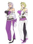  1girl black_beat blonde_hair blue_eyes blush breasts character_request character_sheet crown female high_heels large_breasts long_hair looking_at_viewer purple_hair purple_hairblue_eyes simple_background solo thighhighs upper_body 