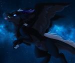  2017 black_fur blue_eyes blue_fur chest_tuft claws digital_media_(artwork) dragon ear_tuft feathered_dragon feathers female feral flying fur furred_dragon grey_fur horn looking_up mochashep multicolored_fur nude pawpads paws pouch_(anatomy) simple_background solo space spots teeth tuft two_tone_fur white_fur wings 