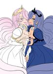  asymmetrical_docking breasts celestia_(my_little_pony) cleavage crown docking dress earing hand_holding heart heart_hands heart_hands_duo luna_(my_little_pony) multiple_girls my_little_pony my_little_pony_friendship_is_magic necklace yuri 