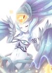  aqua_hair blue_nipples blue_skin blush breastless_clothes dunceneygak eyes_closed feathers monster_girl revealing_clothes wings yellow_eye 