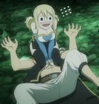  1boy 1girl animated animated_gif blonde_hair blush fairy_tail lucy_heartfilia natsu_dragneel sitting_on_face straddling thighhighs 