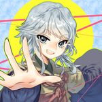 androgynous bow brown_coat coat highres houlen_yabusame len'en open_mouth short_hair short_hair_with_long_locks silver_eyes silver_hair smile solo wei_li 