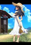  1girl bare_feet barefoot blue_hair breasts feet hat large_breasts long_hair looking_at_viewer red_eyes sandals sandwichworks shoes_removed sky takarasagashi_no_natsuyasumi white_dress 