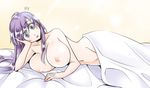  1girl blush breasts commentary convenient_censoring faris_scherwiz final_fantasy final_fantasy_v green_eyes hair_down hand_rest hug large_breasts long_hair looking_at_viewer lying mabo-udon navel nipples nude on_bed on_side open_mouth purple_hair solo 