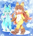  2girls aqua_eyes aqua_hair brown_hair copyright_request flat_chest flat_chested fox furry long_hair moka-momaka multiple_girls open_mouth red_eyes scarf small_breasts 