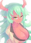  1girl breasts cleavage demon_girl dunceneygak fang green_eyes green_hair horns large_breasts looking_at_viewer monster_girl open_mouth panty_&amp;_stocking_with_garterbelt pointy_ears red_skin scanty_(psg) solo sweat tears upper_body very_long_hair white_background 