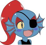  :3 :d bare_shoulders blue_skin blush_stickers chibi eyepatch eyeshadow fangs grey_eyes gyate_gyate head_fins makeup monster_girl open_mouth pierre-luc_st-laurent ponytail red_hair simple_background sleeveless smile solo tank_top teeth undertale undyne upper_body white_background yellow_sclera 