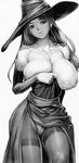  bare_shoulders breasts cleavage covered_nipples crotch_seam detached_sleeves dragon's_crown greyscale hat highres huge_breasts iruma_kamiri long_hair monochrome panties panties_under_pantyhose pantyhose side_slit solo sorceress_(dragon's_crown) thighband_pantyhose thighs underwear witch_hat 