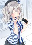  beret blush closed_eyes covering_mouth eating ehoumaki employee_uniform food hat highres kantai_collection kashima_(kantai_collection) lawson makizushi name_tag shibi shirt silver_hair smile solo striped striped_shirt sushi twitter_username uniform vertical-striped_shirt vertical_stripes wavy_hair 