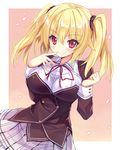  blonde_hair blush breasts finger_to_mouth kibasuke large_breasts long_hair looking_at_viewer nora_to_oujo_to_noraneko_heart patricia_of_end petals purple_eyes ribbon school_uniform skirt smile solo twintails wind 