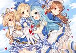  4girls ahoge alternate_costume bare_shoulders blonde_hair blue_eyes blue_hair blush bow brown_eyes brown_hair djeeta_(granblue_fantasy) dress fingerless_gloves gloves granblue_fantasy hair_bow hair_ribbon hairband hat idol kimi_to_boku_no_mirai long_hair lyria_(granblue_fantasy) mary_(granblue_fantasy) multiple_girls open_mouth outstretched_arm outstretched_hand puffy_short_sleeves puffy_sleeves red_eyes ribbon short_hair short_sleeves skirt smile striped striped_legwear vira_lilie white_gloves 